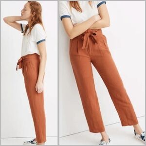 Madewell Linen Blend Burnt Orange Paperbag Pants Women's size 8 Waist Tie